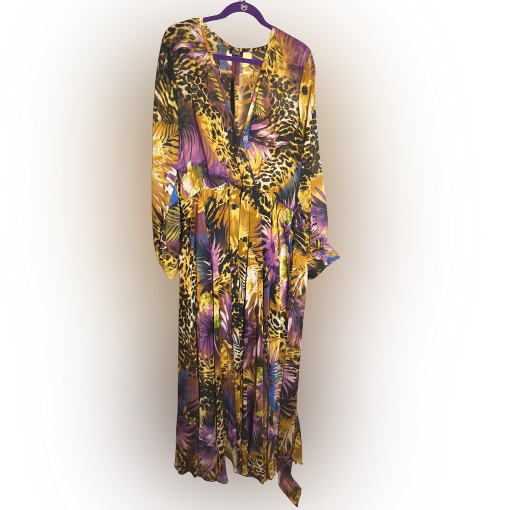 Vibrant Yellow and Purple Long Sleeve Maxi Dress